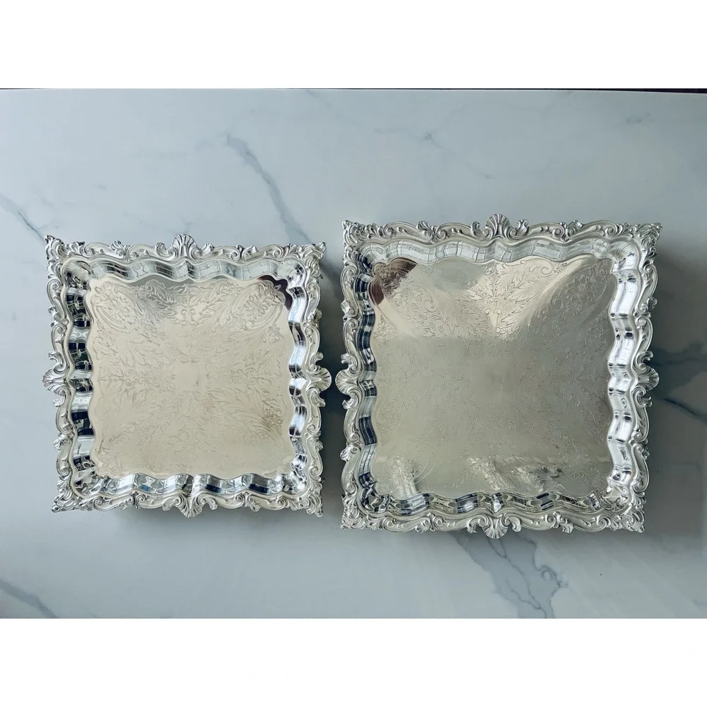 Vintage Birmingham Victorian Style Silver Plated Square Platter Trays Set Of 2
